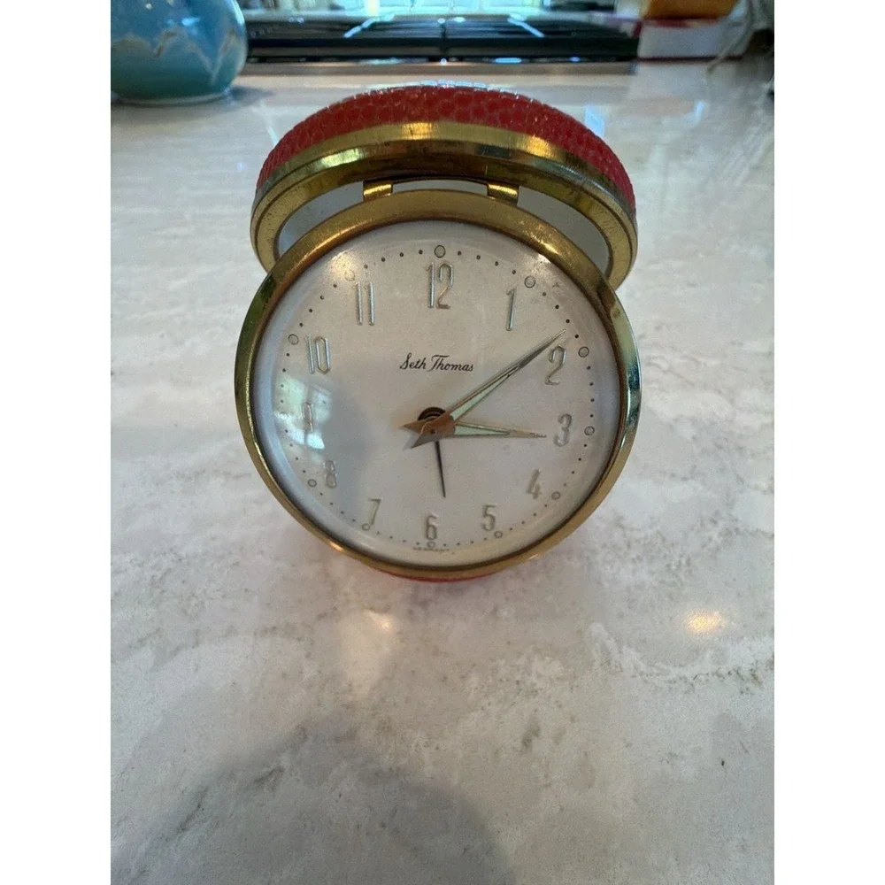Vintage Seth Thomas Red Leather Clamshell Travel Alarm Clock Made in Germany